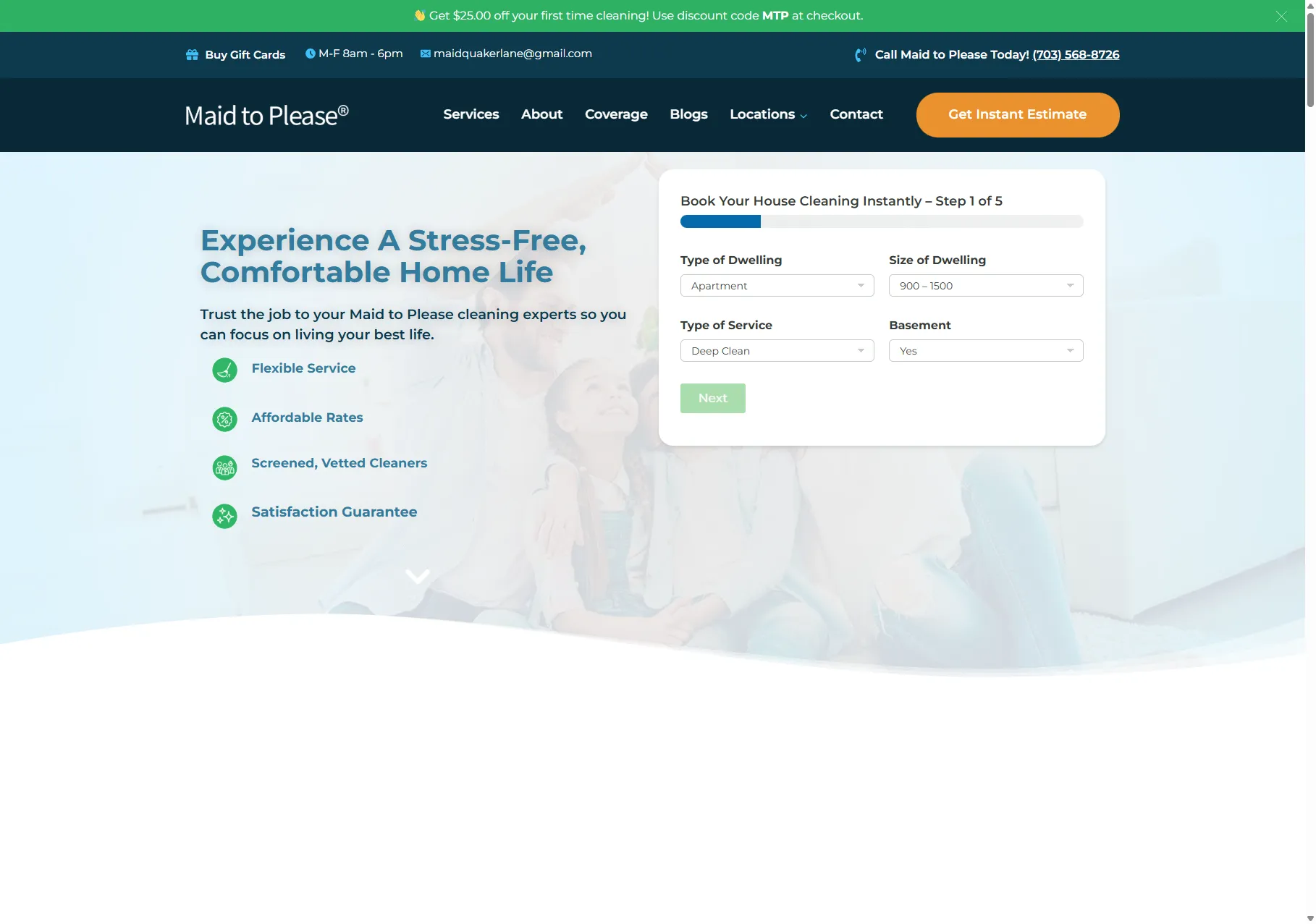 Screenshot of the Maid To Please website.