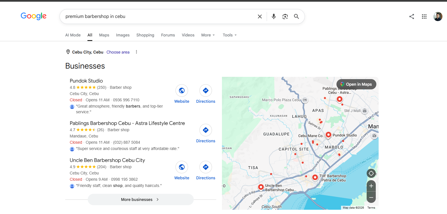 Google results for premium barbershop in cebu. Pundok Studio is first in the map results, on 4.8 stars from 250 reviews, above Pablings Barbershop and Uncle Ben Barbershop.